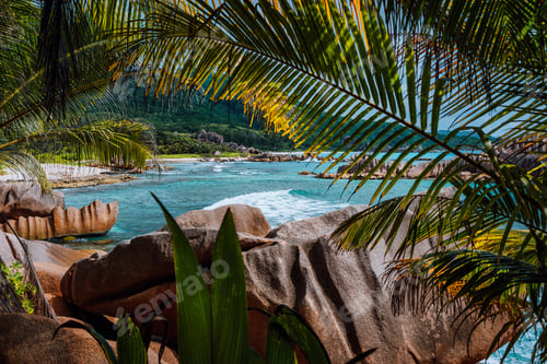 Preview: Tropical secluded beach framed by nature foliage on the trekking tour through the jungle to hidden