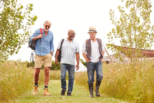 Preview: Group Of Mature Male Friends Walking Along Path Through Yurt Campsite