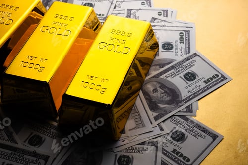 Preview: Close up of Gold bars and banknotes. financial concept