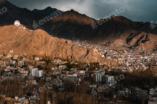 Preview: Panoramic view of Leh city in Ladakh, India, nestled in Himalayan mountains, dramatic brown ridges