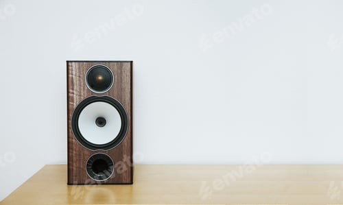 Preview: speaker on a wooden table with copyspace, white background