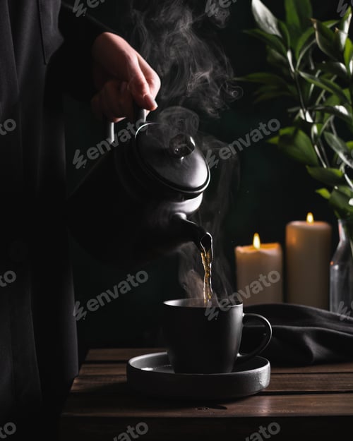 Preview: Woman in black pouring hot tea or coffee into a cup