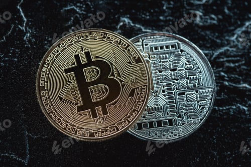 Preview: close up view of arranged golden and silver bitcoins on dark marble surface