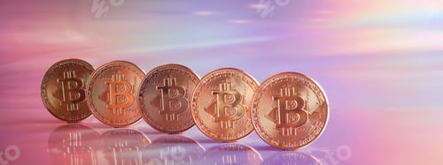 Preview: Golden bitcoin coins on holographic, abstract, neon background. digital currency, business style.