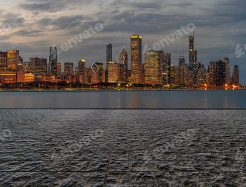 Preview: Automotive and parking lot concept, road of parking over Chicago cityscape river side