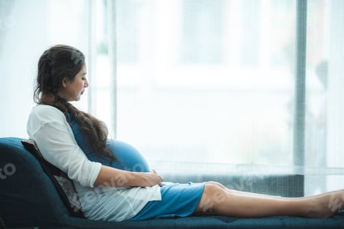 Preview: Pregnant woman resting on sofa near bright window in calm home interior