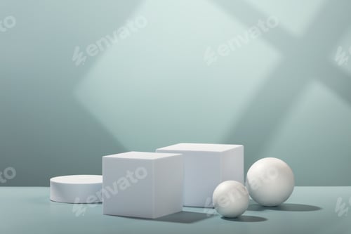 Preview: Abstract empty geometric shape podiums for product on pastel blue background.