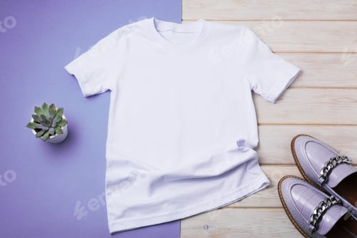 Preview: Placeit – Women T-shirt mockup with purple loafers and flowerpot