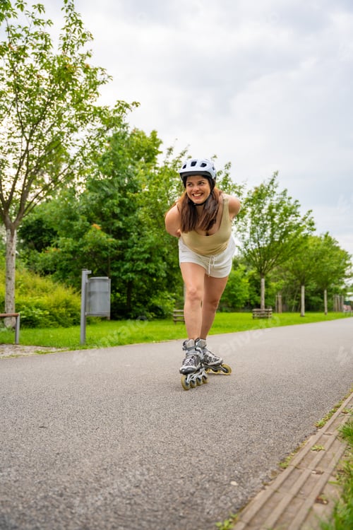 Preview: Roller skater woman in park rollerblading on inline skates. Outdoor activities. Summer roller