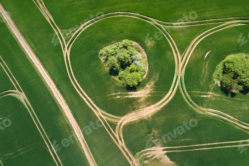 Preview: Aerial view of green farm fields in summer season with growing crops.