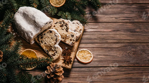Preview: Christmas stollen on wooden background. baking for xmas