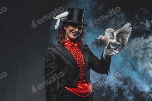 Preview: Female perfomer dressed in classic retro clothing posing with doves