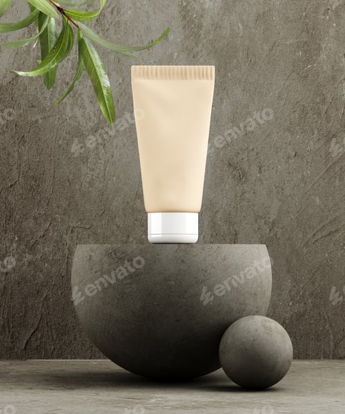 Preview: Pedestal for natural cosmetic product presentation. Stone and wood cylinders with plant leaves.
