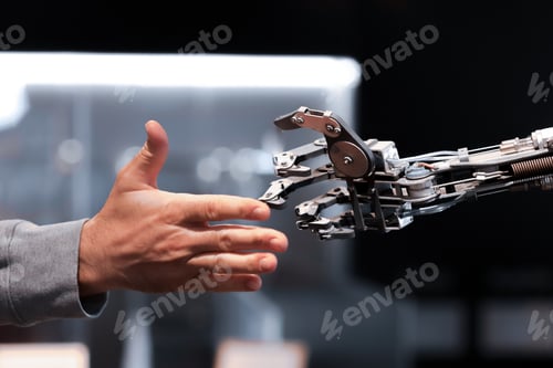 Preview: a touch or a handshake, a robot of the future,new technology, science, cyborg, museum, new art.