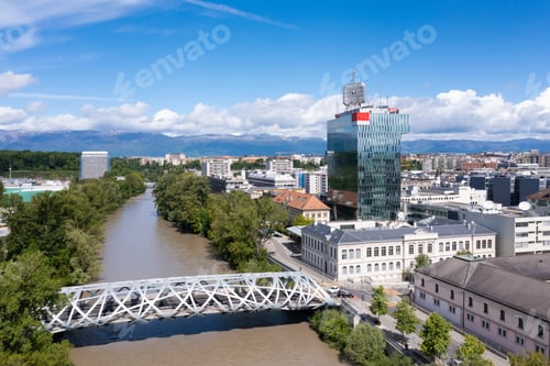 Preview: Aerial view of Hans-Wilsdorf bridge near plainpalais in Geneva - Switzerland