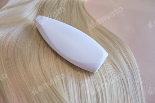 Preview: beauty banner, silk strands of hair and a bottle of shampoo or conditioner on a beige background.