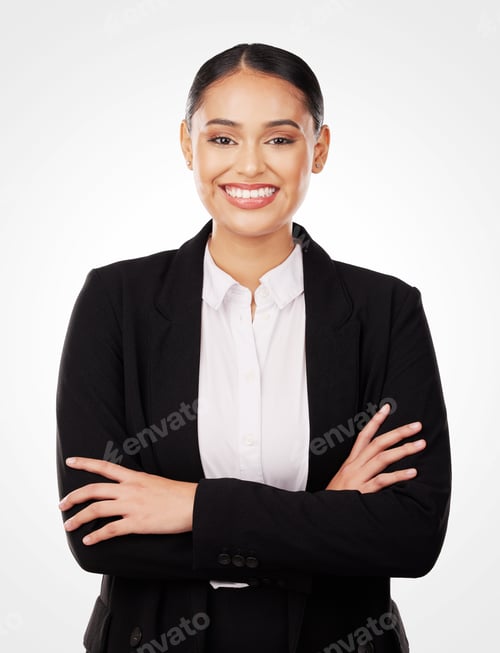 Preview: Crossed arms, confidence and portrait of businesswoman in studio with a smile for positive attitude