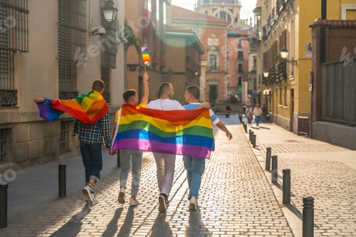 Preview: Man with his back facing the demonstration with the rainbow flags, gay pride party in the city