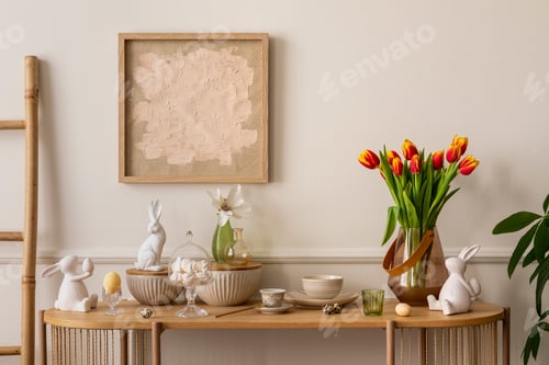 Preview: Interior design of easter living room interior with mock up poster frame, glass vase with tulips