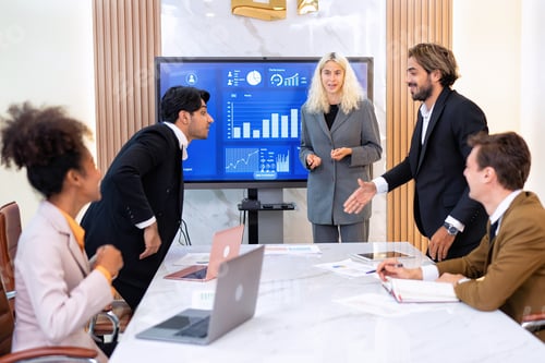 Preview: Employee on job corporate Business colleagues around the table look presentation from large screen