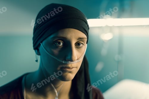 Preview: Sad young woman with cancer sitting on the hospital bed