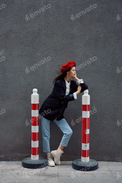 Preview: Fashion woman standing on the street in front of the city and road works tourist in stylish clothes