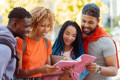 Preview: Group of smiling young African American students preparing for exam on the street