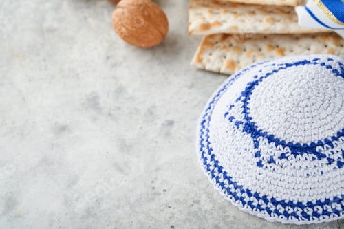 Preview: Passover celebration concept. Matzah, red kosher and walnut. Traditional ritual Jewish bread matzah,