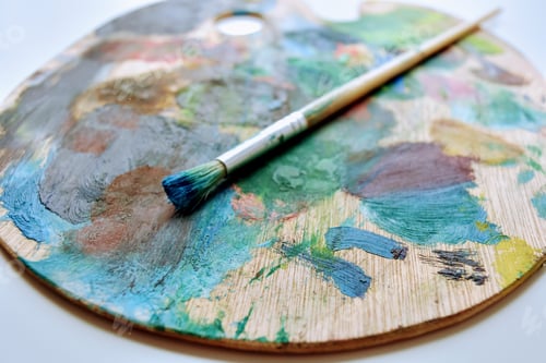 Preview: Wooden Palette with Colorful Paint and Brush