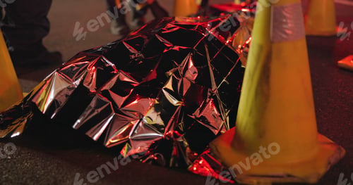 Preview: Crime scene, dead body and accident at night in road with silver cover, people and emergency siren.