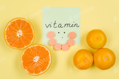 Preview: Sticker with the word vitamin C. Background yellow, vitamin C, citrus