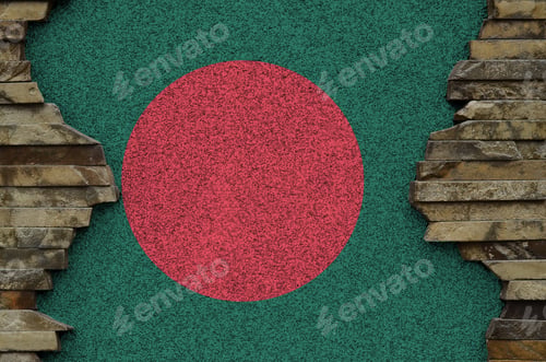 Preview: Bangladesh flag depicted in paint colors on old stone wall close up