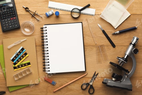 Preview: Desktop with various stationery for school education, top view
