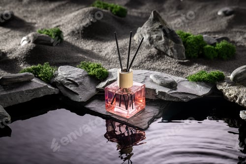 Preview: Intense fragrance diffuser on a dark stone by the water.