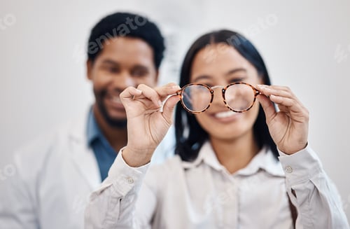 Preview: Medical, eye care and vision with woman and glasses for you for decision, retail and optometry heal