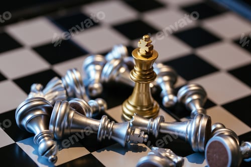 Preview: Lost silver chess pieces around golden king