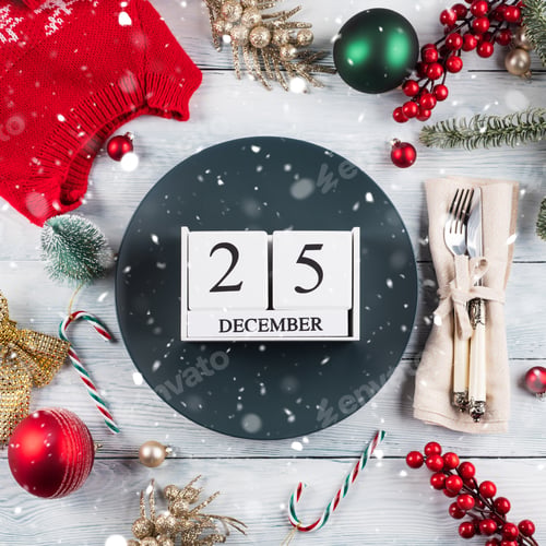 Preview: Christmas festive table setting with calendar date December, 25.