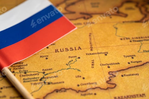 Preview: Bangkok, Thailand - February 1, 2022 Russia flag on vintage world map background.
