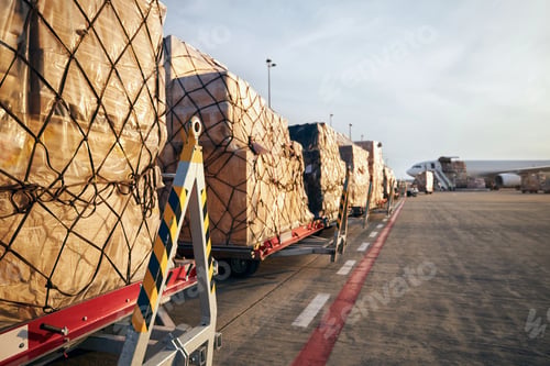 Preview: Loading of cargo containers to airplane at airport.