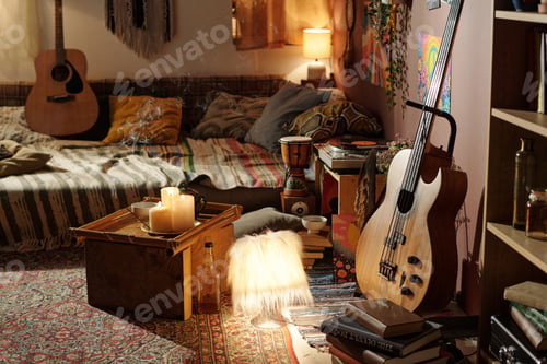 Preview: Cozy Bedroom with Musical Instruments and Warm Lighting