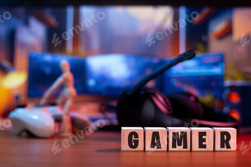 Preview: Ready to Play: Modern Gamer Setup and the Word Gamer Written With Wooden Cubes.