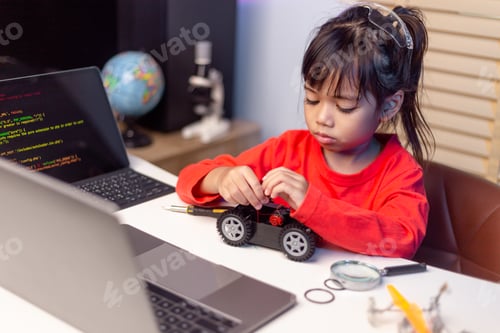 Preview: Asia students learn at home in coding robot cars and electronic board cables in STEM, STEAM,