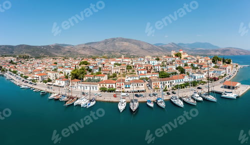 Preview: Galaxidi Greece from above, aerial drone view. Traditional town sunny day.