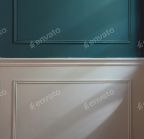 Preview: Classic wainscot wood decoration detail. Retro blue and white wall wooden panel, close up view.