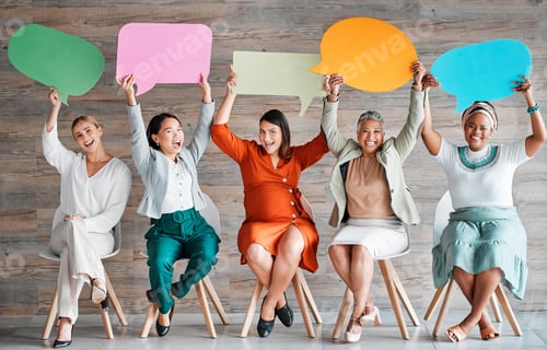 Preview: Chat, excited and portrait of women with speech bubble for contact information on social media. New