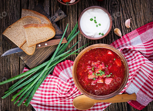 Preview: Traditional Ukrainian Russian borscht or red soup in the bowl. Top view