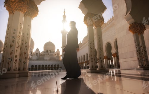 Preview: Woman in traditional abaya standing in the Sheikh Zayed Grand Mosque