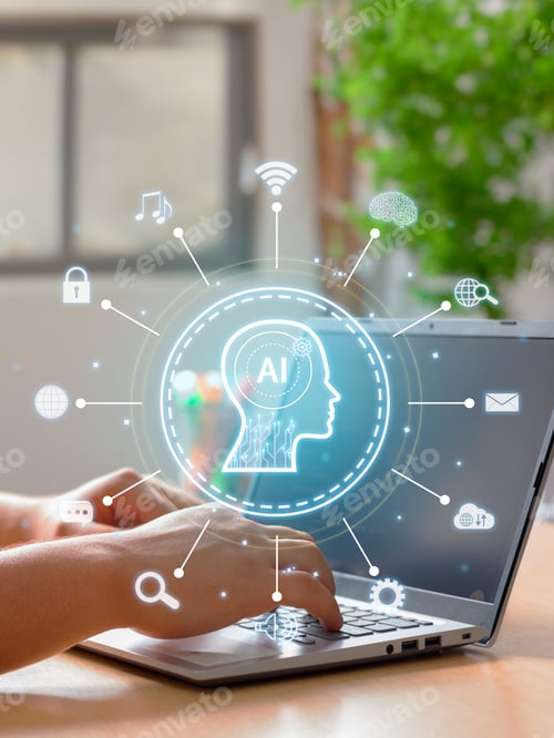 Preview: Vertical Image on Using of a laptop to interact with an artificial intelligence.