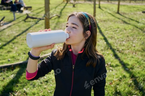 Preview: Selective focus of a young girl in the park on a sunny day drinking water from her white bottle
