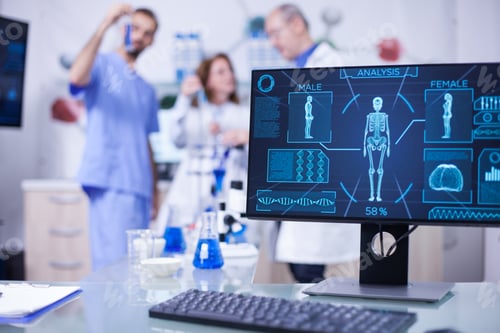 Preview: Display monitor in a hospital laboratory showing human skeleton